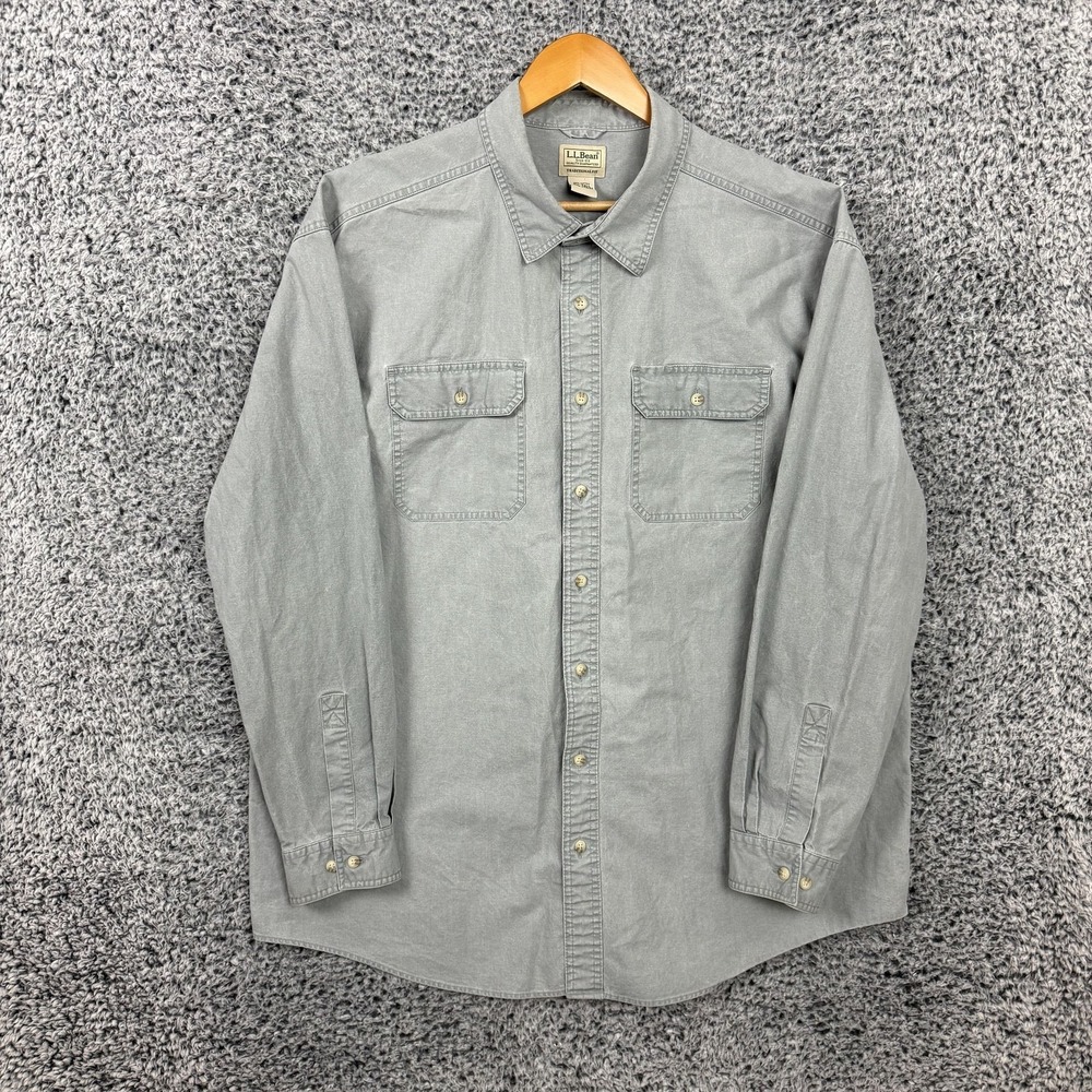 LL Bean Shirt Mens 2XLT Gray Traditional Fit Button Up Two Pocket Cotton Casual